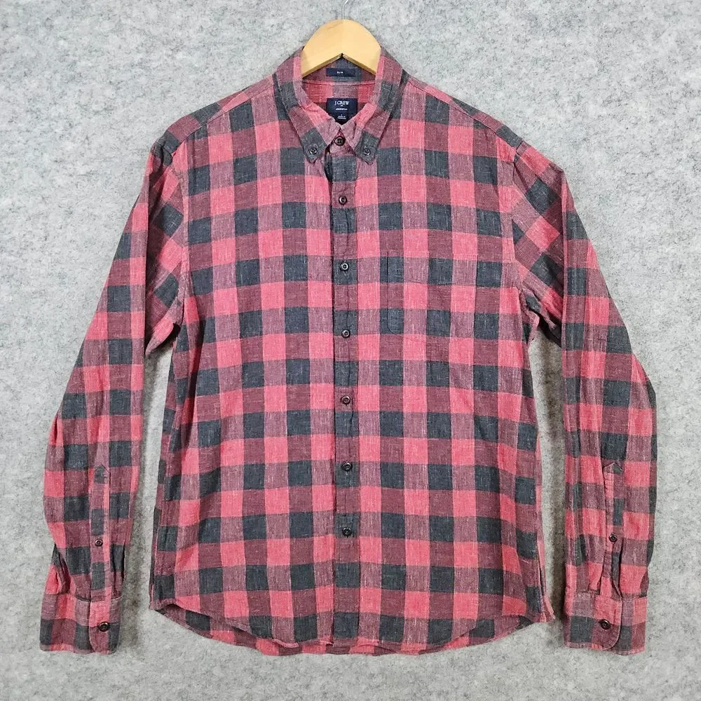 J Crew Homespun Slim Fit Shirt Size L Red Black Buffalo Plaid 100% Cotton Preppy